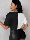 Women's cross-border fashion letter cardigan round neck color chai T-shirt