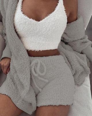 3pcs Women's Long Sleeve Crop Tank Top And Drawstring Shorts Pajama Set