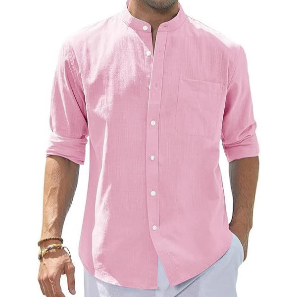 Men's Stand Collar Spring Autumn long sleeve solid color linen cotton shirt