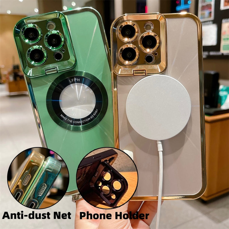 Electroplated Phone Luxury Case CD Pattern Magsafe Bracket Case For 12 13 14 Pro Max Invisible Camera Stand Holder Lens Holder Magnetic Suction