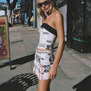 Women's vintage newspaper print strapless waistband pin skirt