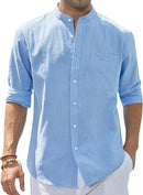 Men's Stand Collar Spring Autumn long sleeve solid color linen cotton shirt