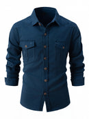 Men's European size wash elastic cotton casual fashion long sleeve shirt