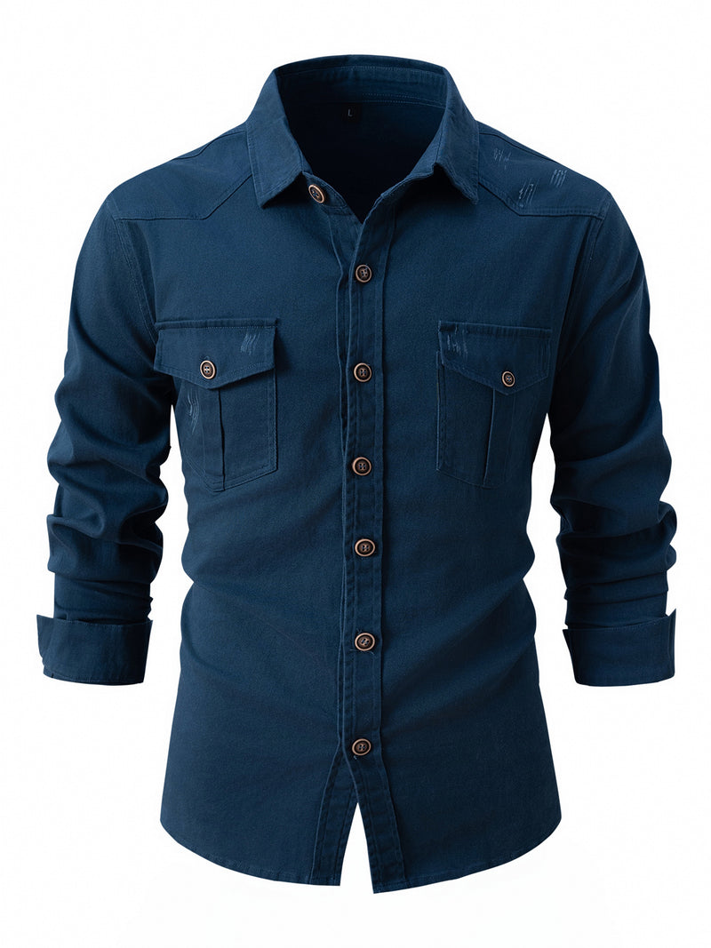 Men's European size wash elastic cotton casual fashion long sleeve shirt