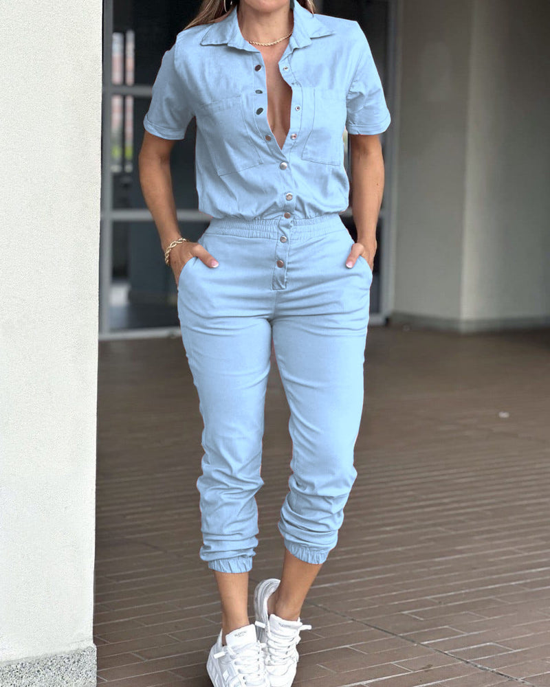 Casual fashion women's cinched leg romper lapel pocket waist elasticated button romper