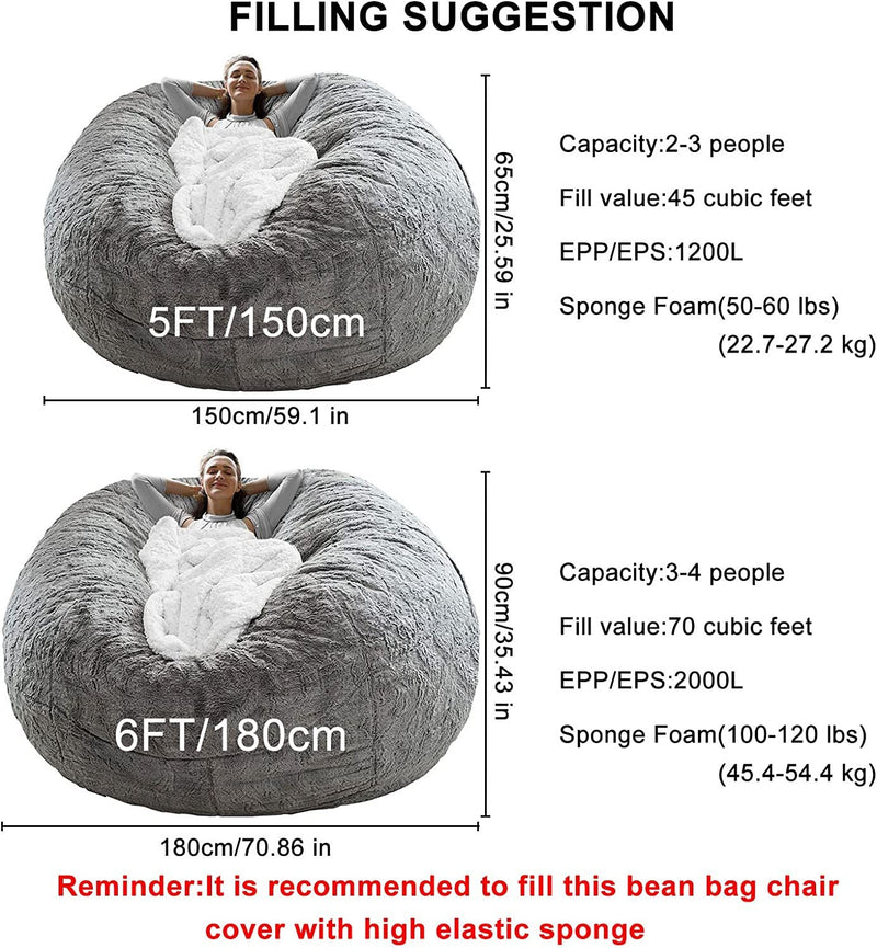 Bean Bag Chair Cushion, Big Round Soft Fluffy PV Velvet Sofa Bed Cover Lazy Sofa Bed Cover,6ft