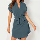 V-neck Short Sleeve Dress With Belt Summer Fashion Bowknot Dresses For Women
