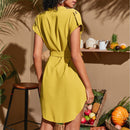 V-neck Short Sleeve Dress With Belt Summer Fashion Bowknot Dresses For Women