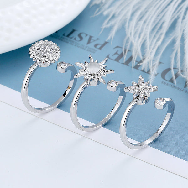 Creative 3-piece set of rotating rings for men, women, adjustable zircon flower stress-relieving rings