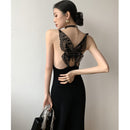 Elegant black stretch knit dress x with butterfly flower embroidery on the back