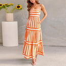 Summer Striped Printed Suspender Long Dress With Pockets Square Neck Backless Dress