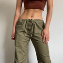 Spring new low waist personality pocket wide leg pull rope bundle feet two shuttle woven pants