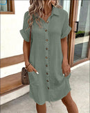 Summer Short Sleeve Shirt Dress Fashion Solid Color Single-breasted