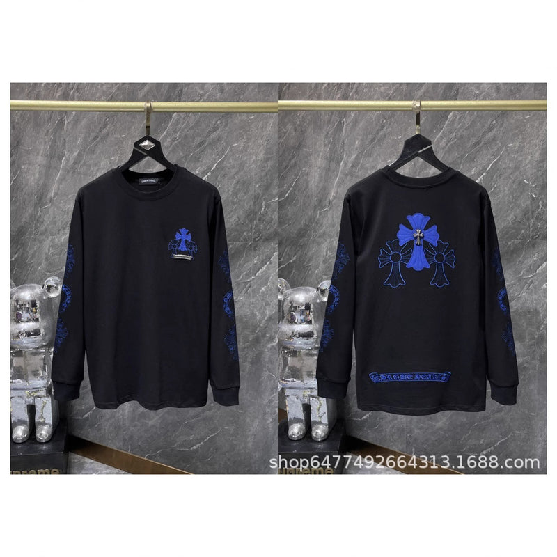 Tide CH correct edition Krosanskrit letters Blue Cross Arm Horseshoe Embroidery Long sleeve T