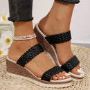 Women's large-sized one-piece woven strap thick-soled wedge heel sandals