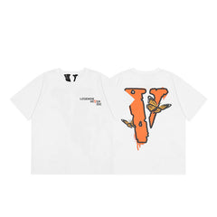 Vlone Fog Fashion brand Big V letter Logo Cherry blossom short sleeve Sketch Embroidery Graffiti print T-shirt