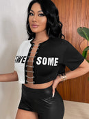 Women's cross-border fashion letter cardigan round neck color chai T-shirt