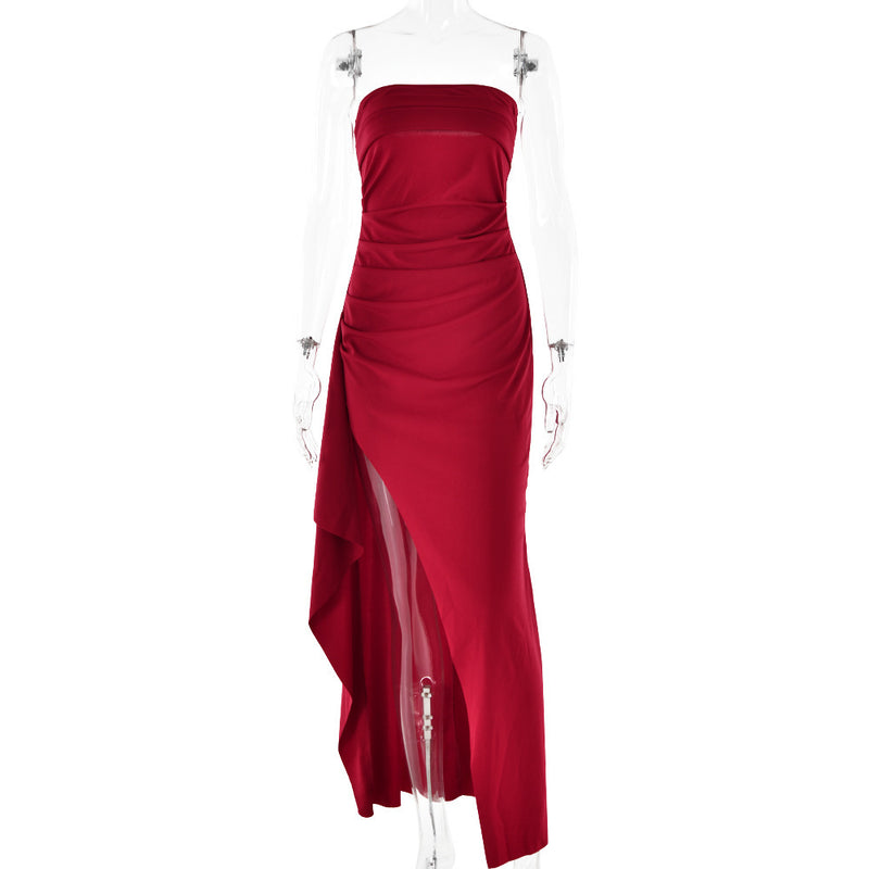 Strapless Split Long Dress Summer Fashion Pleated Bridesmaid Dress