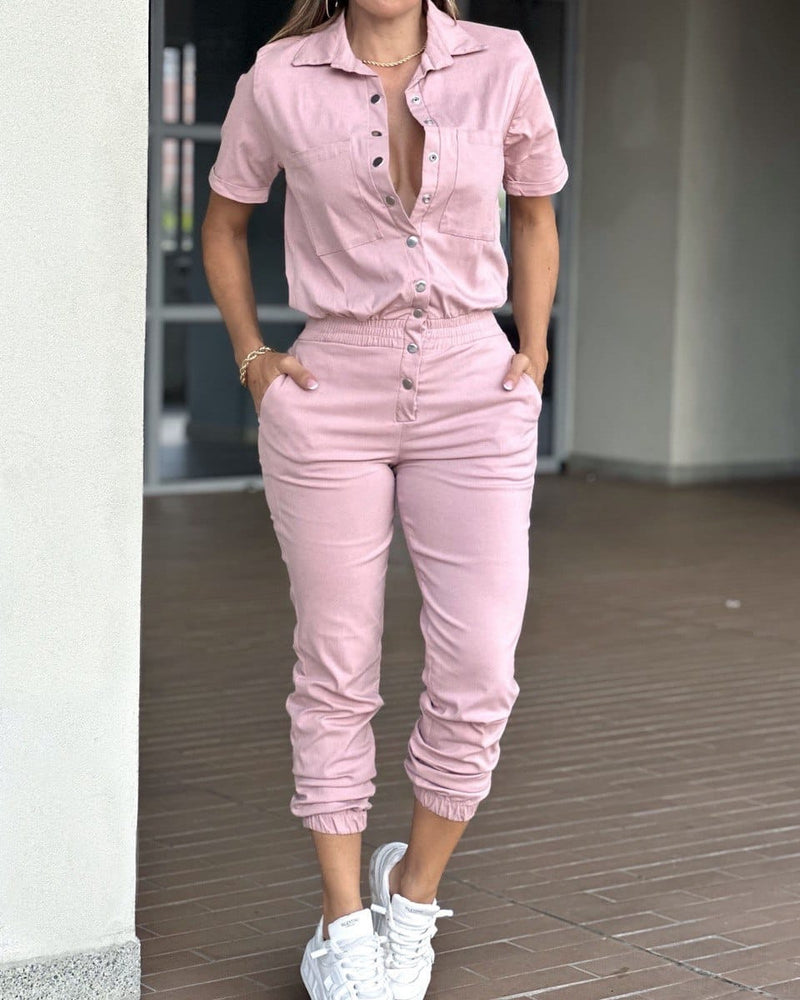 Casual fashion women's cinched leg romper lapel pocket waist elasticated button romper