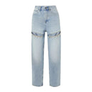 Women's autumn nine-minute women crystal decorated high-waisted straight leg jeans