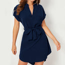 V-neck Short Sleeve Dress With Belt Summer Fashion Bowknot Dresses For Women