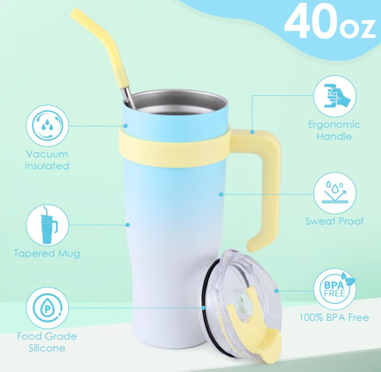 Ochapa 40 Oz Tumbler With Handle Straw Lid Insulated Vacuum Stainless Steel Travel Tapered Mug