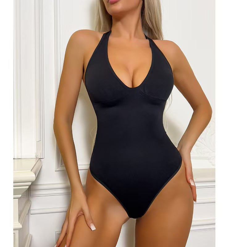 New plus-size thong thigh-lift seamless jumpsuit for women's corset, halter-neck, waist compression bodysuit