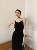 Elegant black stretch knit dress x with butterfly flower embroidery on the back