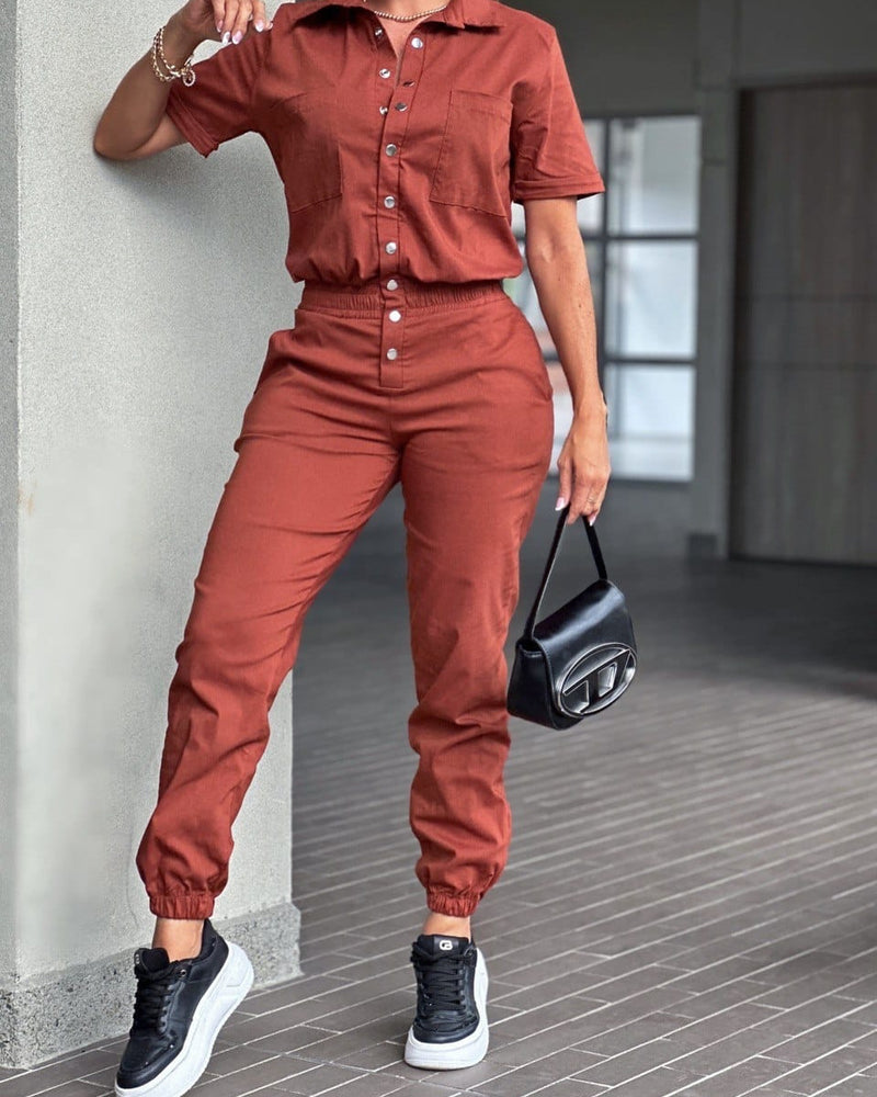 Casual fashion women's cinched leg romper lapel pocket waist elasticated button romper