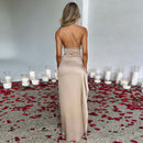 Sexy One-shoulder Backless Slit Summer Elegant Slim-fit Solid Color Satin Dress