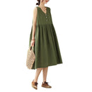 Summer New Japanese Loose Solid Color Cotton Linen V-neck Sleeveless Dress For Women