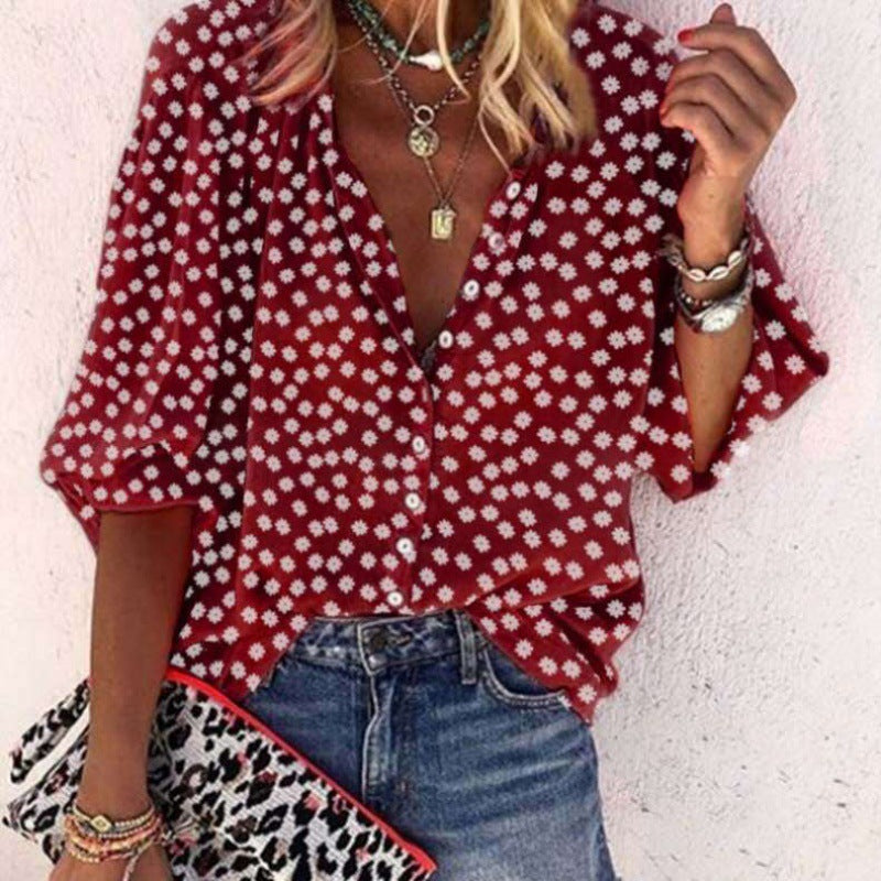 Women's V-neck Floral Print Long-sleeved Plus-size Shirt