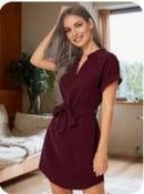 V-neck Short Sleeve Dress With Belt Summer Fashion Bowknot Dresses For Women