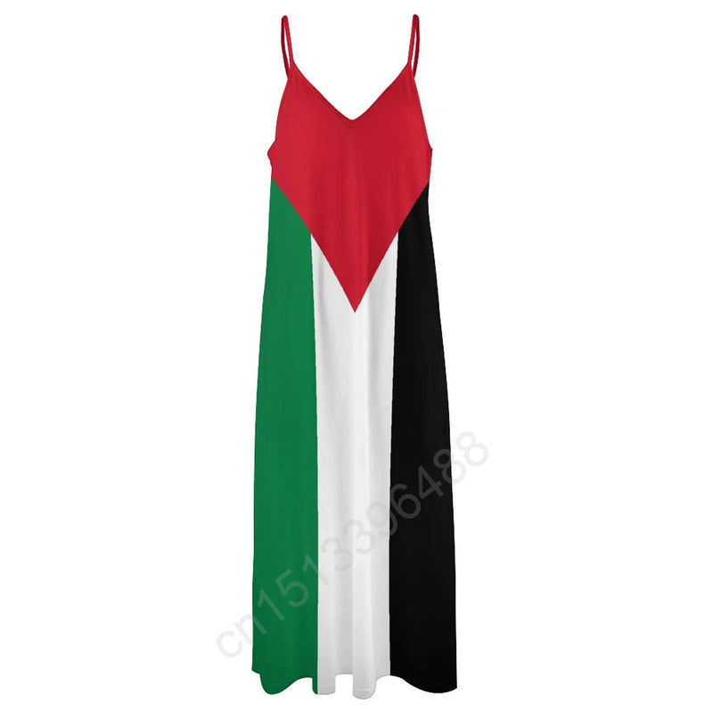 Palestine Flag Flag Print New Casual Sleeveless Long Dress Women's V-Neck Printed Dress Swing Retro Dresses