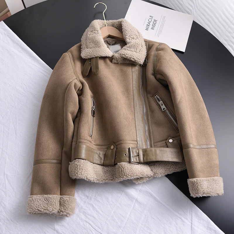 Winter Women's  Short Motorcycle Brown Coats  Leather Jackets Outwear