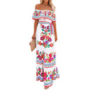 Women Long Strapless Dress Floral Print Boat Neck Off Shoulder Tighten Tie Waist Flowy Summer Beach Dresses