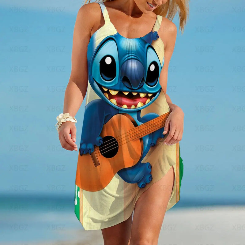 Stitch Dresses for Women 2022 Disney Summer Woman Fashion Women's Sundresses Cartoon Slip Dress Print Sleeveless Backless Beach