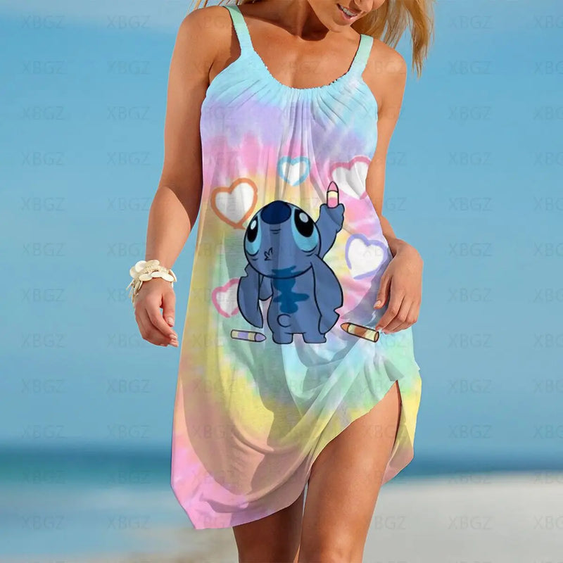 Stitch Dresses for Women 2022 Disney Summer Woman Fashion Women's Sundresses Cartoon Slip Dress Print Sleeveless Backless Beach