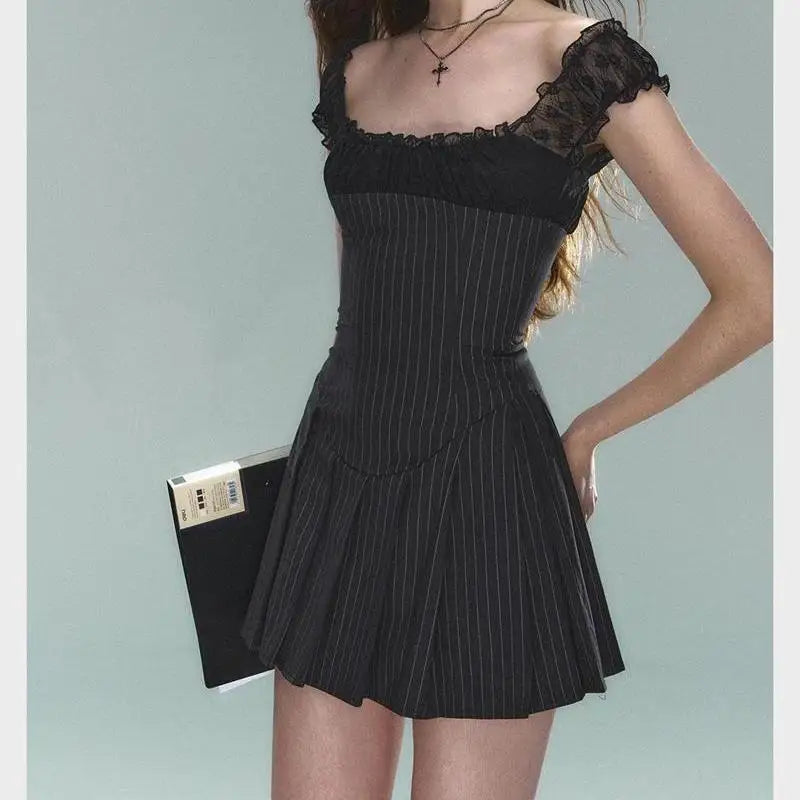 Women's Stripped Lace Pleated Mini Dress  Fashion Retro Short Dresses