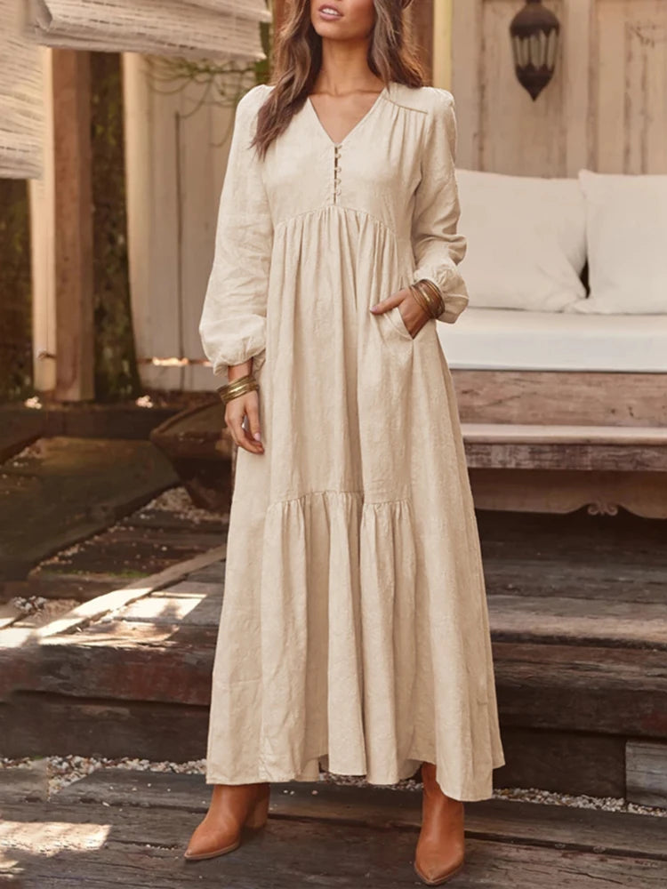 Bohemian Shirt Dress Women's Maxi Sundress ZANZEA 2023 Spring Elegant Casual V Neck Ruflle Vestido Female Long Sleeve Tunic Robe