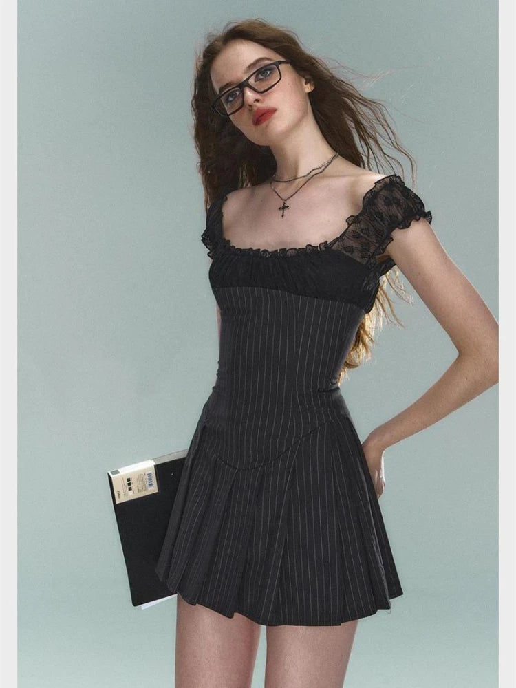 Women's Stripped Lace Pleated Mini Dress  Fashion Retro Short Dresses