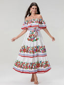 Women Long Strapless Dress Floral Print Boat Neck Off Shoulder Tighten Tie Waist Flowy Summer Beach Dresses