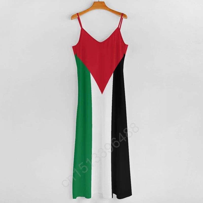 Palestine Flag Flag Print New Casual Sleeveless Long Dress Women's V-Neck Printed Dress Swing Retro Dresses