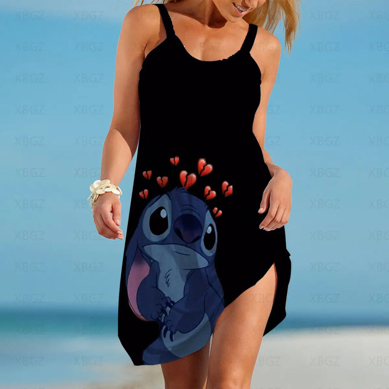 Stitch Dresses for Women 2022 Disney Summer Woman Fashion Women's Sundresses Cartoon Slip Dress Print Sleeveless Backless Beach