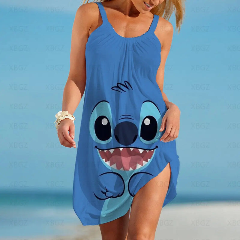 Stitch Dresses for Women 2022 Disney Summer Woman Fashion Women's Sundresses Cartoon Slip Dress Print Sleeveless Backless Beach