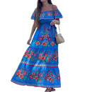 Women Long Strapless Dress Floral Print Boat Neck Off Shoulder Tighten Tie Waist Flowy Summer Beach Dresses