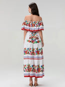 Women Long Strapless Dress Floral Print Boat Neck Off Shoulder Tighten Tie Waist Flowy Summer Beach Dresses
