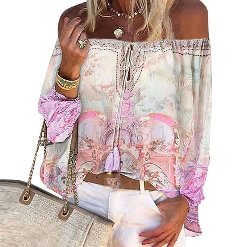 Women Vintage Flare Long Sleeve Off Shoulder Floral Print Hollow Out Lace Up Blouse Shirt Top Ladies Office Blouses