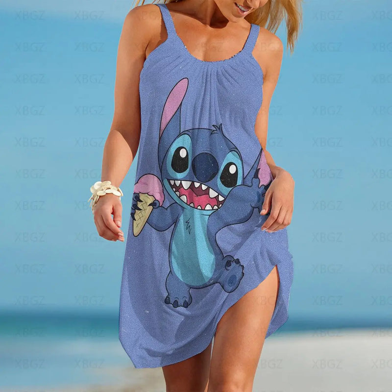 Stitch Dresses for Women 2022 Disney Summer Woman Fashion Women's Sundresses Cartoon Slip Dress Print Sleeveless Backless Beach