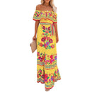 Women Long Strapless Dress Floral Print Boat Neck Off Shoulder Tighten Tie Waist Flowy Summer Beach Dresses